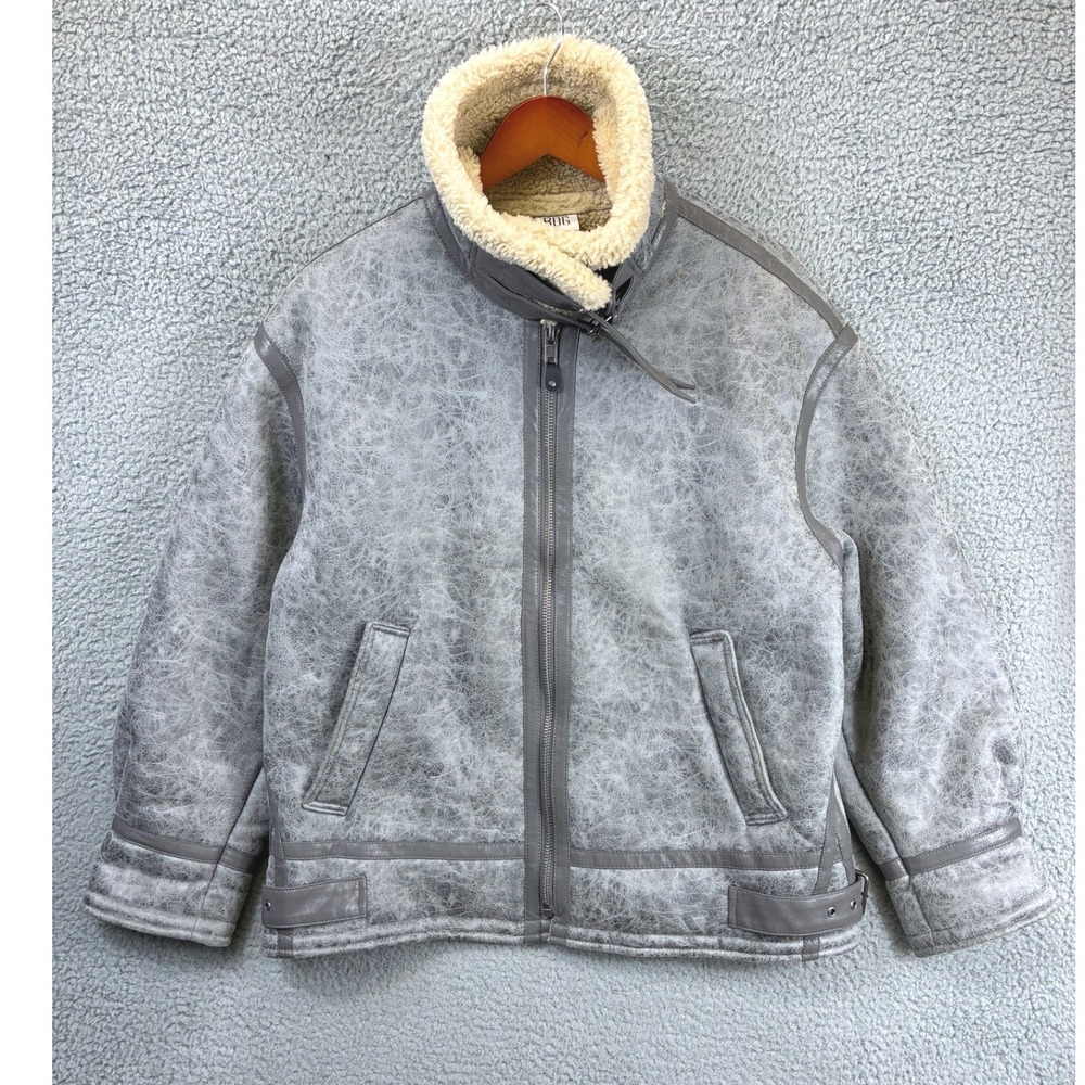 BDG Urban Outfitters Faux Leather Longline Aviator Jacket Womens M Gray Sherpa
